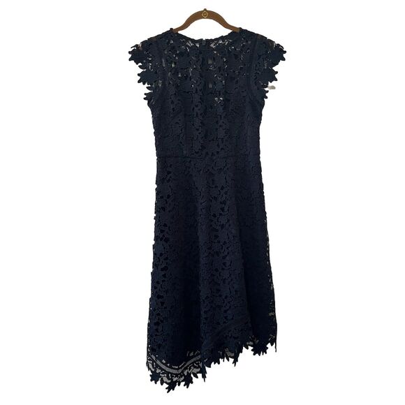 Eliza J Dress Women’s 2 Navy Blue Cap Sleeve Lace Midi Asymmetrical Hem - Picture 1 of 8
